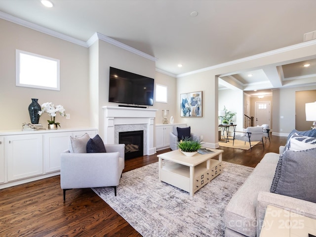 living room featuring dark wood-type flooring, ornamental molding, and a high end fireplace