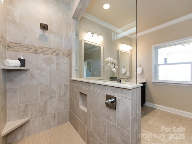 bathroom with tile patterned flooring, ornamental molding, and tiled shower