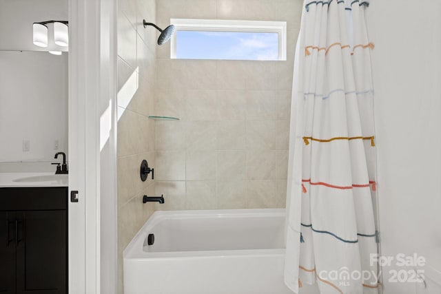 full bath featuring shower / bathtub combination with curtain and vanity