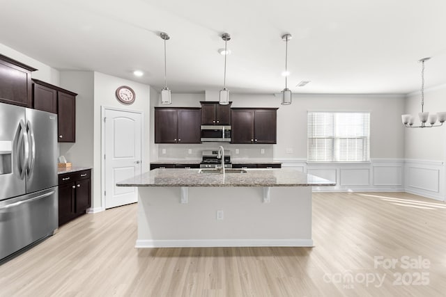 kitchen featuring stainless steel appliances, sink, hanging light fixtures, a center island with sink, and a breakfast bar area