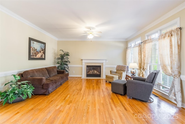 living room featuring ceiling fan, wood-type flooring, and ornamental molding