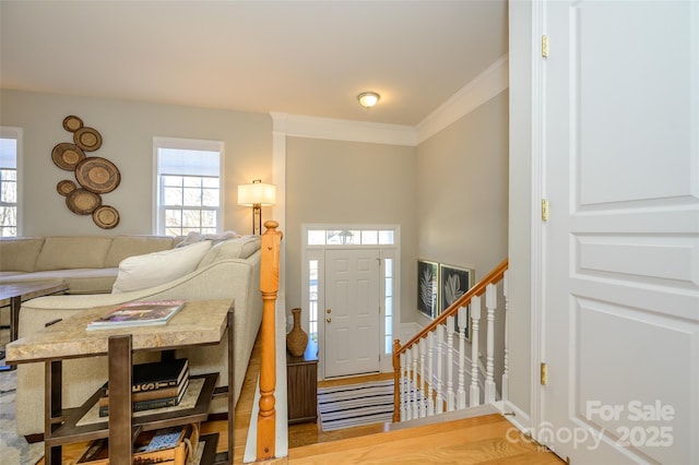 entrance foyer with crown molding and hardwood / wood-style floors