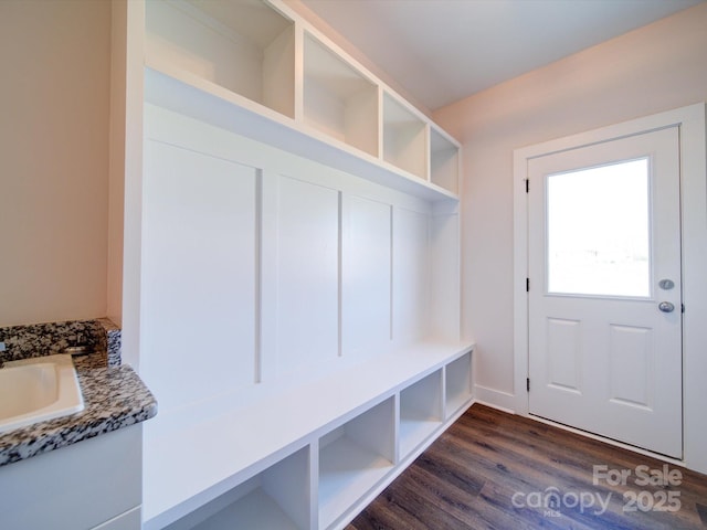 mudroom with dark wood-type flooring and sink