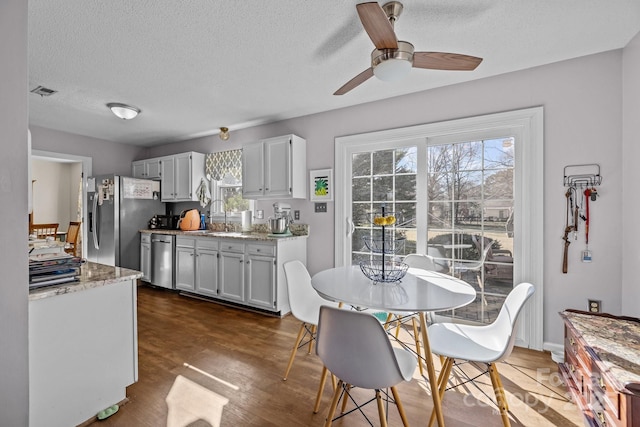 kitchen with light stone countertops, a wealth of natural light, stainless steel appliances, and a textured ceiling