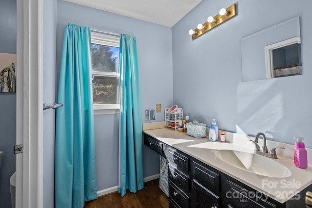 bathroom with hardwood / wood-style flooring and vanity