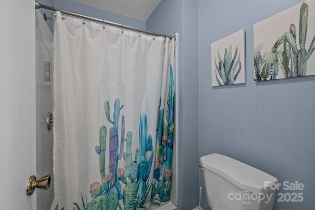 bathroom with toilet and a shower with curtain