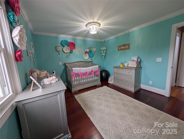 bedroom featuring ornamental molding and dark hardwood / wood-style floors