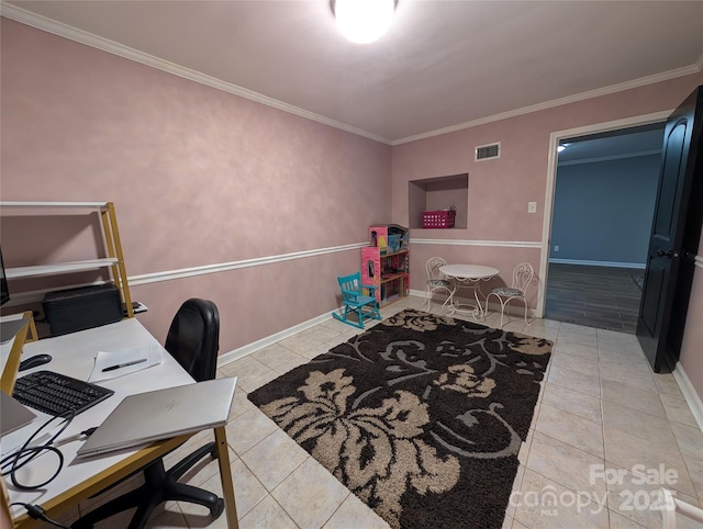 office space with light tile patterned floors and ornamental molding