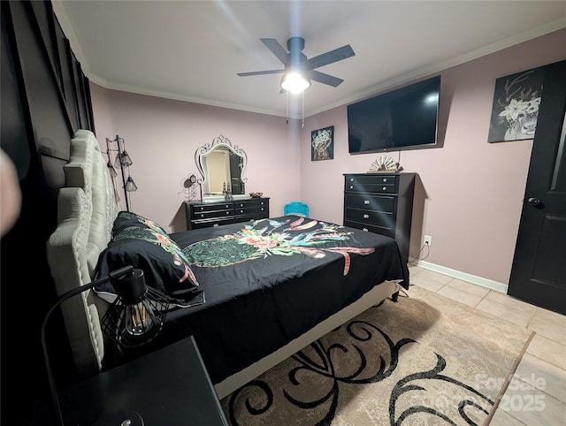 tiled bedroom with ceiling fan and ornamental molding