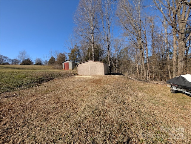 view of yard with a shed