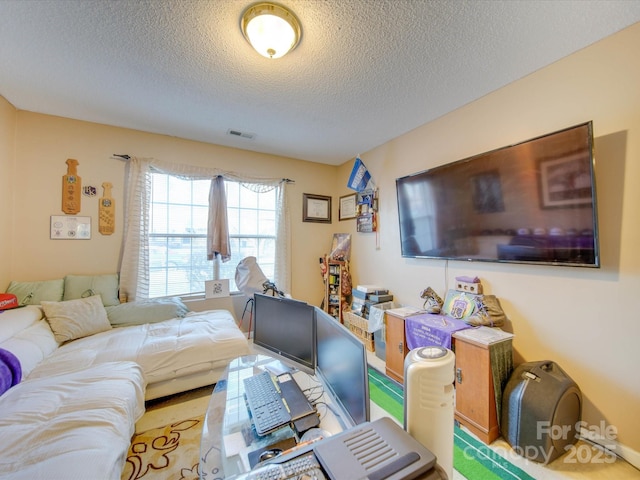 living room with a textured ceiling