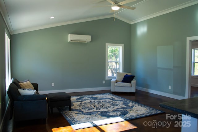 living area with ceiling fan, a wall mounted AC, dark hardwood / wood-style floors, ornamental molding, and high vaulted ceiling