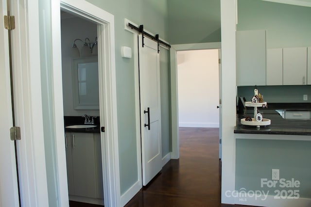 hall with dark hardwood / wood-style flooring, a barn door, and sink