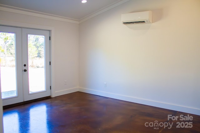 interior space with french doors, ornamental molding, and a wall unit AC