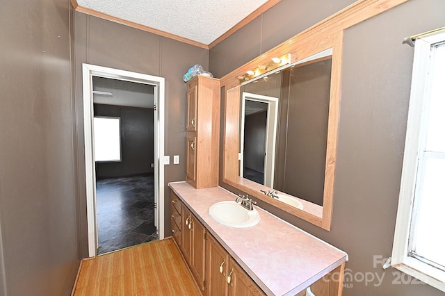 bathroom with a textured ceiling, ornamental molding, wood-type flooring, and vanity