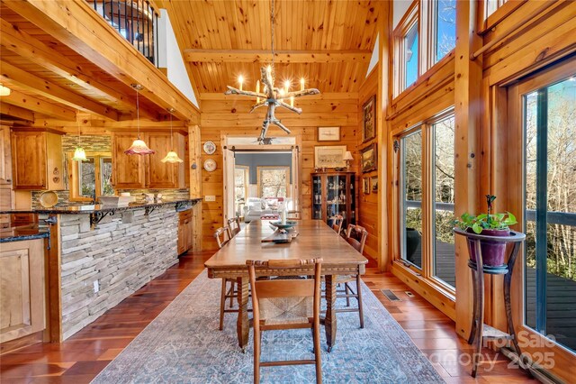 dining area featuring beamed ceiling, an inviting chandelier, wood ceiling, high vaulted ceiling, and dark hardwood / wood-style flooring