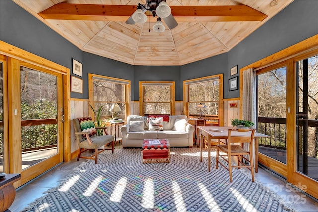 sunroom featuring wooden ceiling, vaulted ceiling with beams, and ceiling fan