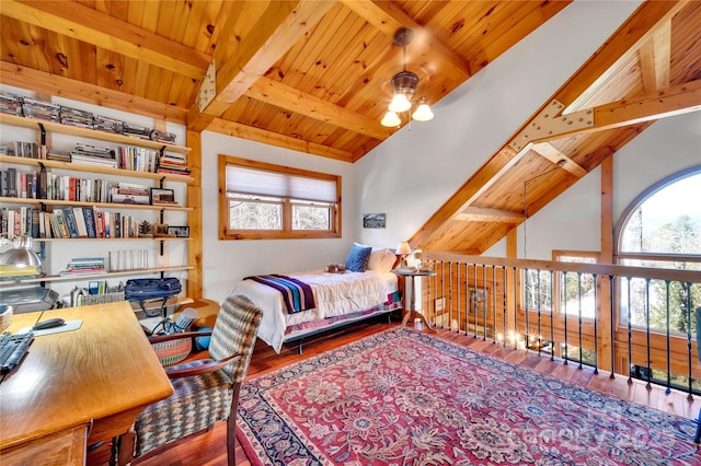 bedroom with wooden ceiling, beam ceiling, hardwood / wood-style floors, and high vaulted ceiling