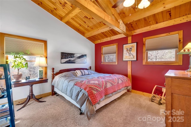 bedroom with carpet floors, lofted ceiling with beams, ceiling fan, and wooden ceiling