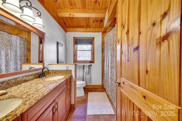 bathroom with toilet, wooden ceiling, tile patterned flooring, beam ceiling, and vanity