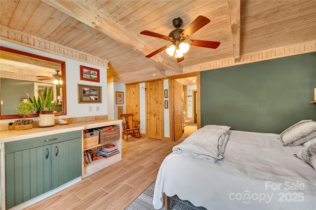 bedroom with ceiling fan, beam ceiling, and wooden ceiling