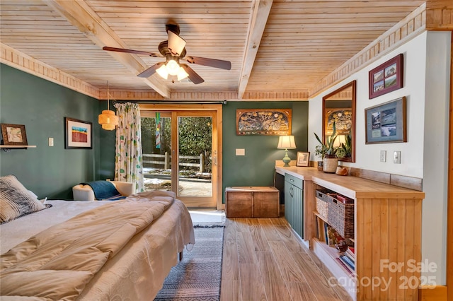 bedroom featuring hardwood / wood-style floors, beamed ceiling, access to outside, ceiling fan, and wooden ceiling