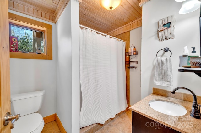 bathroom featuring toilet, vanity, and wood ceiling