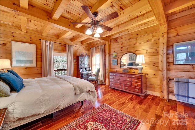 bedroom with wood ceiling, wooden walls, ceiling fan, wood-type flooring, and beamed ceiling