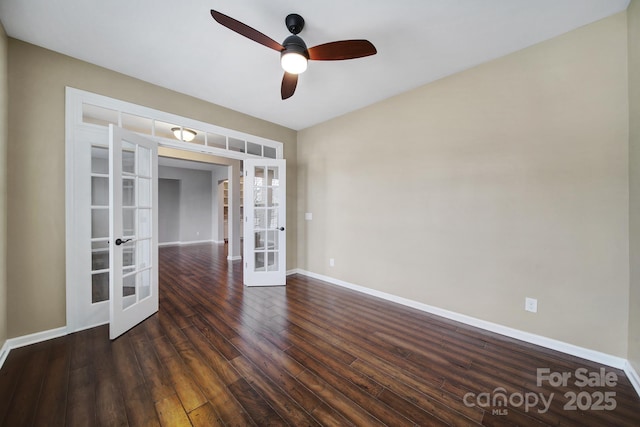 unfurnished room with ceiling fan, dark wood-type flooring, and french doors