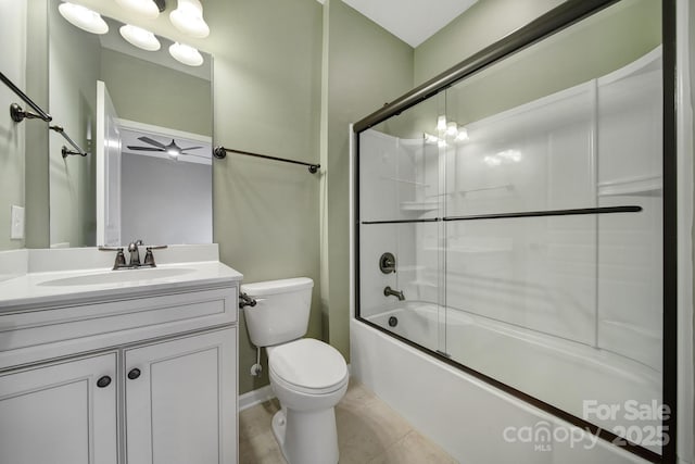 full bathroom featuring ceiling fan, bath / shower combo with glass door, toilet, and vanity