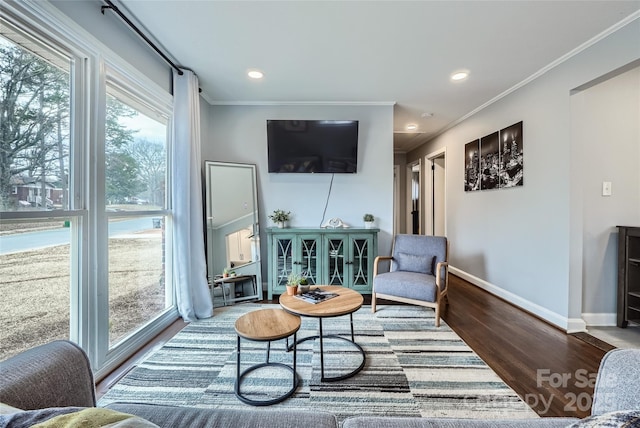 living area with wood-type flooring and ornamental molding