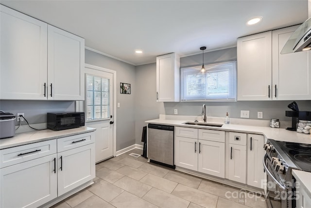 kitchen featuring sink, white cabinetry, electric range oven, stainless steel dishwasher, and pendant lighting