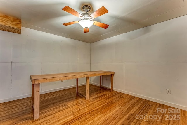 interior space with ceiling fan and light hardwood / wood-style floors