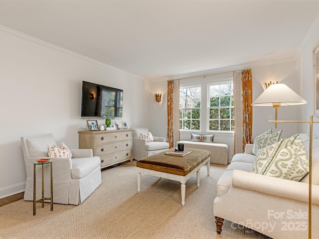 living room featuring crown molding and radiator heating unit