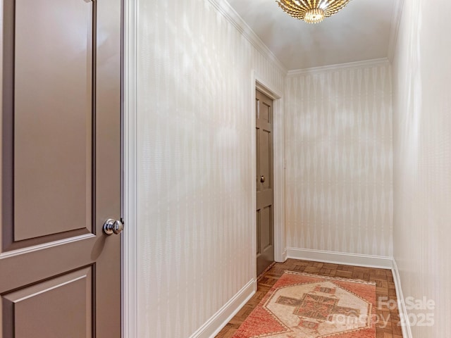 corridor with crown molding and parquet floors