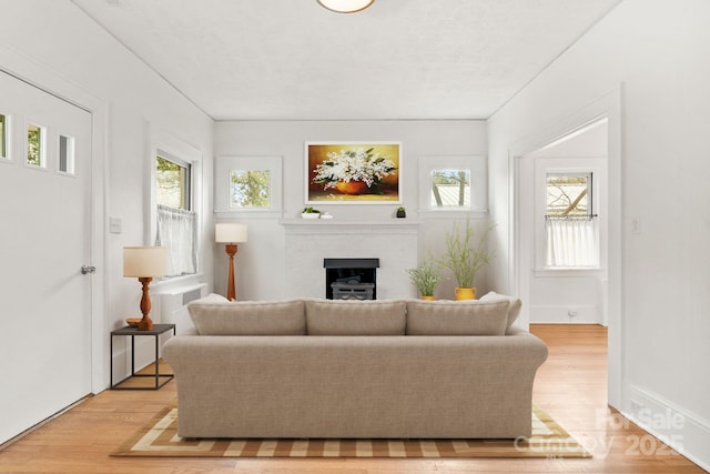 living room featuring plenty of natural light, light hardwood / wood-style flooring, and a textured ceiling