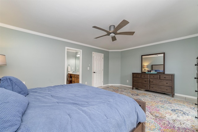 tiled bedroom with connected bathroom, crown molding, and ceiling fan