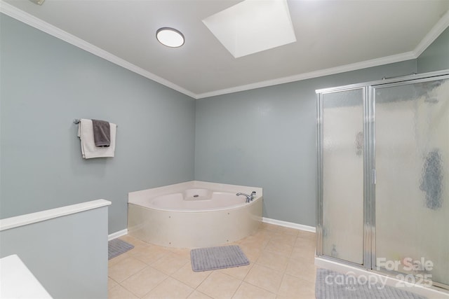 bathroom with ornamental molding, plus walk in shower, a skylight, and tile patterned flooring