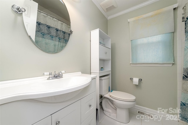 bathroom featuring ornamental molding, vanity, toilet, and tile patterned flooring