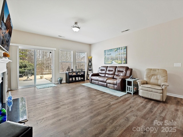 living room with hardwood / wood-style flooring and a high end fireplace