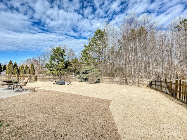 view of yard featuring a fire pit and a patio