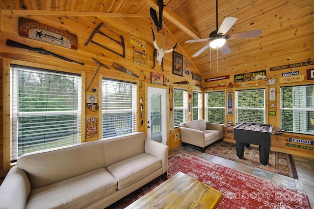 sunroom / solarium with ceiling fan, wooden ceiling, and lofted ceiling with beams