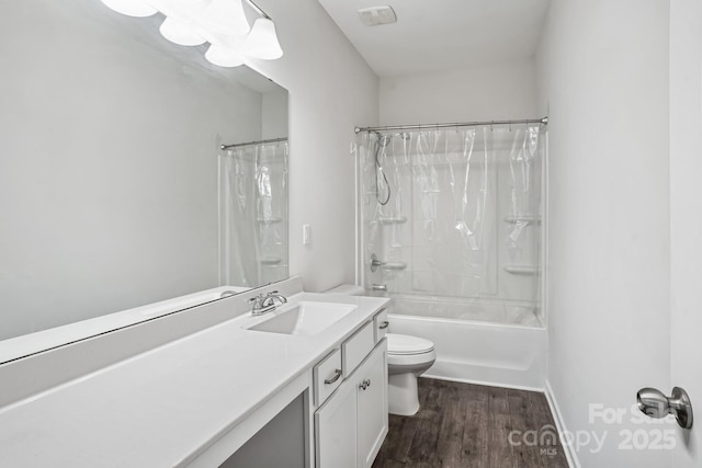 full bathroom with toilet, vanity, shower / bath combo, and hardwood / wood-style flooring