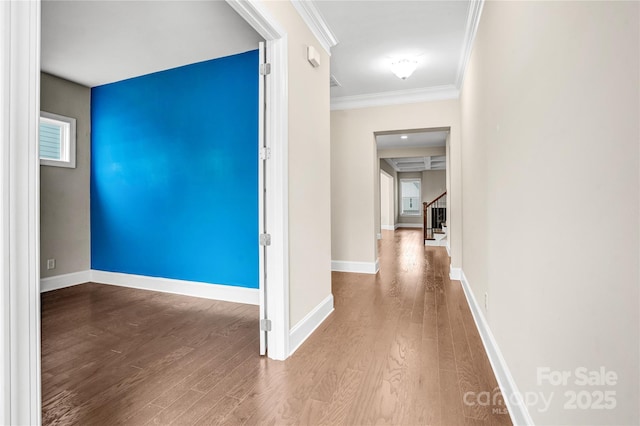 hallway with crown molding and wood-type flooring