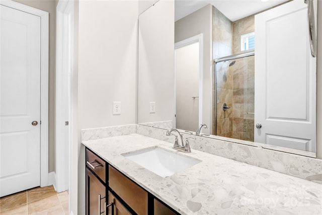 bathroom with vanity, tile patterned floors, and an enclosed shower