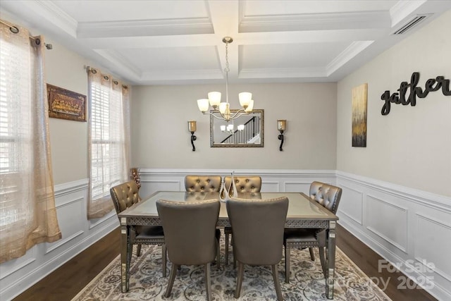 dining room featuring coffered ceiling, an inviting chandelier, wood-type flooring, ornamental molding, and beam ceiling