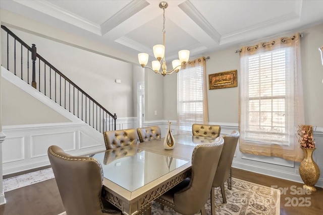 136 Margo Ln, Statesville, NC 28677 - dining room with a chandelier, healthy amount of natural light, coffered ceiling, wood finished floors, and beamed ceiling