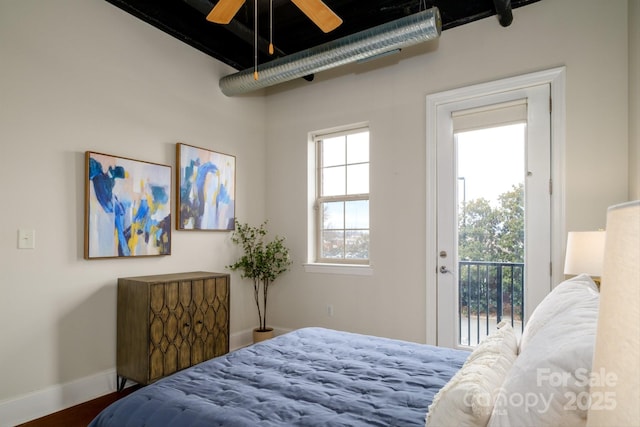 bedroom featuring access to exterior and ceiling fan