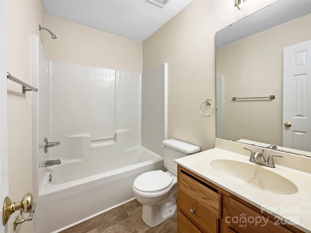 full bathroom featuring shower / bath combination, a textured ceiling, toilet, and vanity