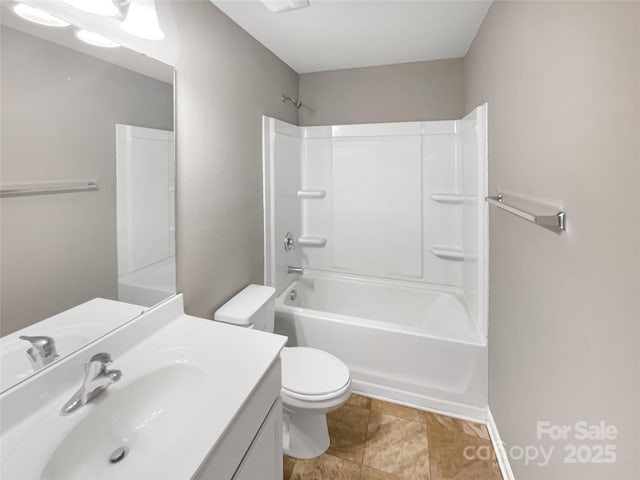 full bathroom with toilet, vanity, and bathing tub / shower combination